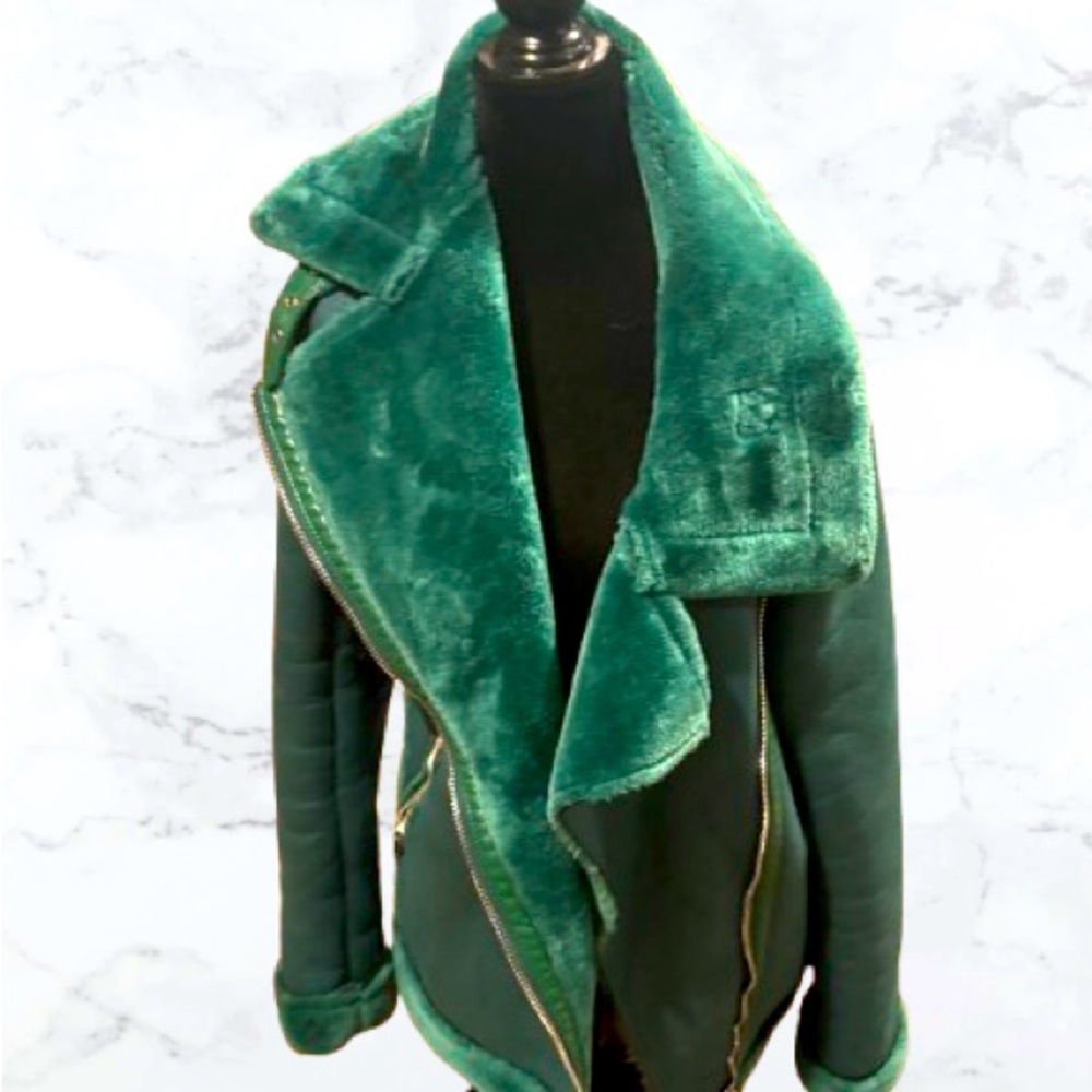 Green leather jacket faux fur